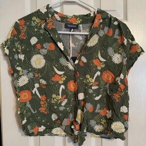 ModCloth Green Women’s Floral Tie Button Front Crop Top Shirt Size Large L New
